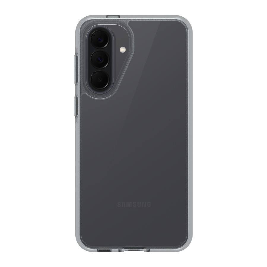 Parte trasera de un smartphone Samsung con funda protectora transparente y triple cámara vertical.