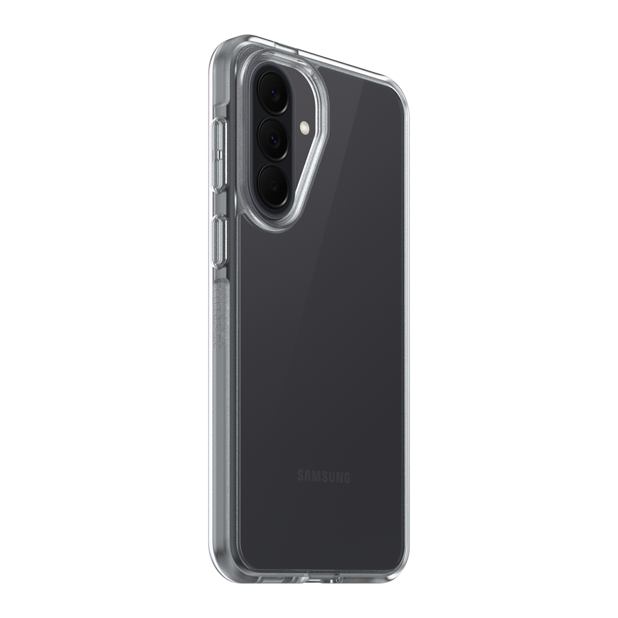 Vista trasera de un smartphone Samsung con funda protectora transparente y tres cámaras verticales.