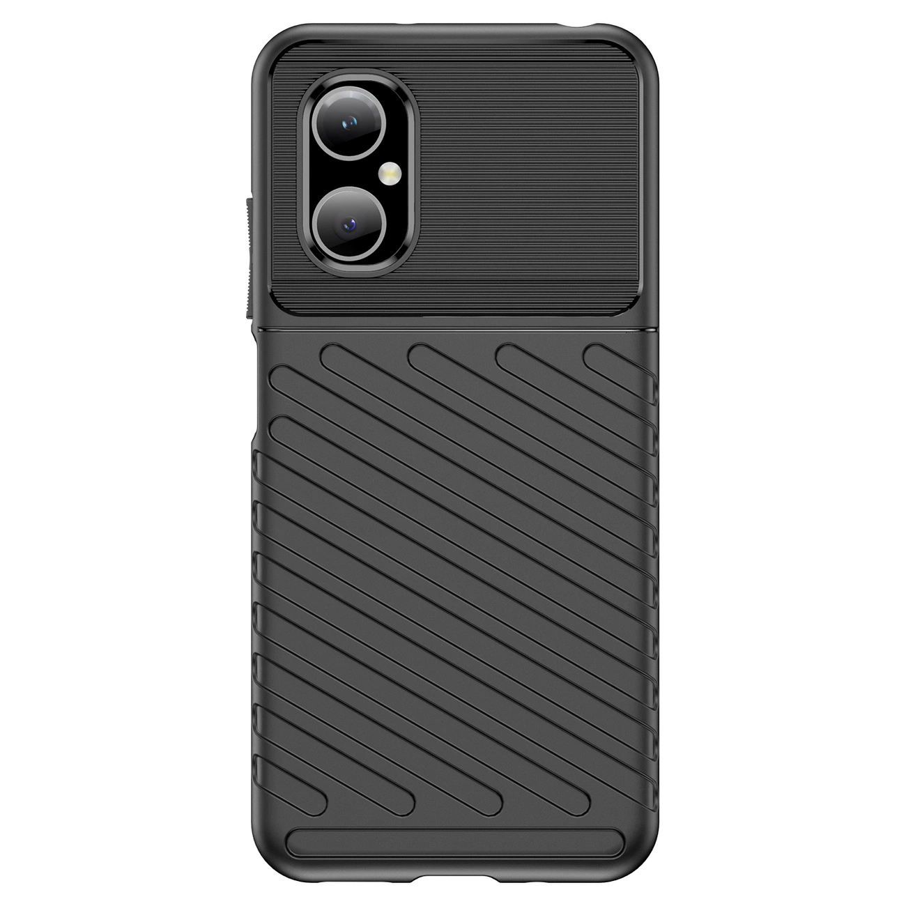 Una cover nera per smartphone con dorso rigato e un foro per doppia fotocamera in alto a sinistra.