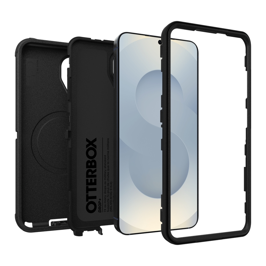 Vista despiezada de una funda de móvil Otterbox con componentes de protección y un smartphone.