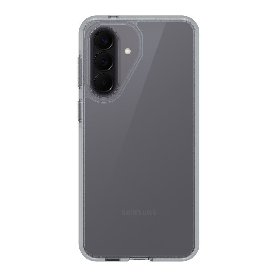 Uno smartphone in una custodia grigia traslucida, con tripla fotocamera verticale e logo Samsung.