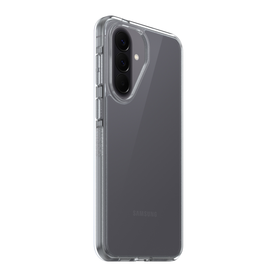 Retro di uno smartphone Samsung in una custodia protettiva trasparente con tripla fotocamera.