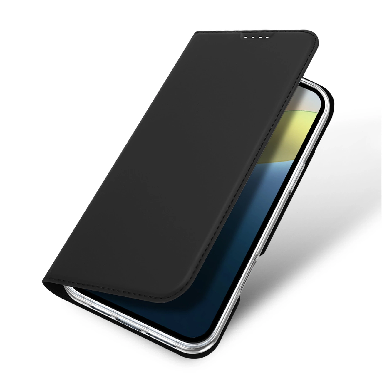 Uno smartphone con custodia nera a libro e schermo visibile su sfondo bianco.