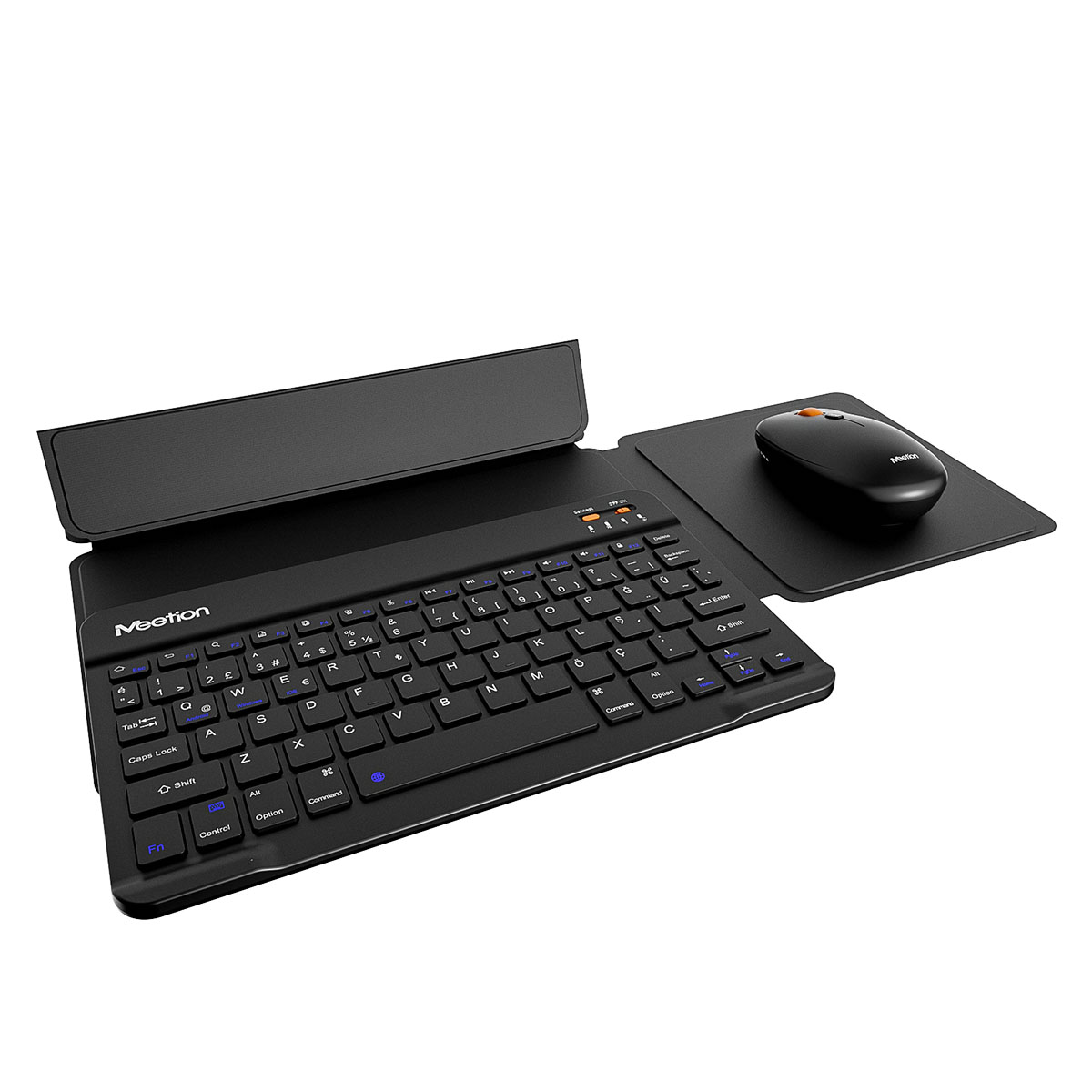 Entegre kapakli siyah kablosuz klavye ve mouse pad uzerinde uyumlu bir fare.
