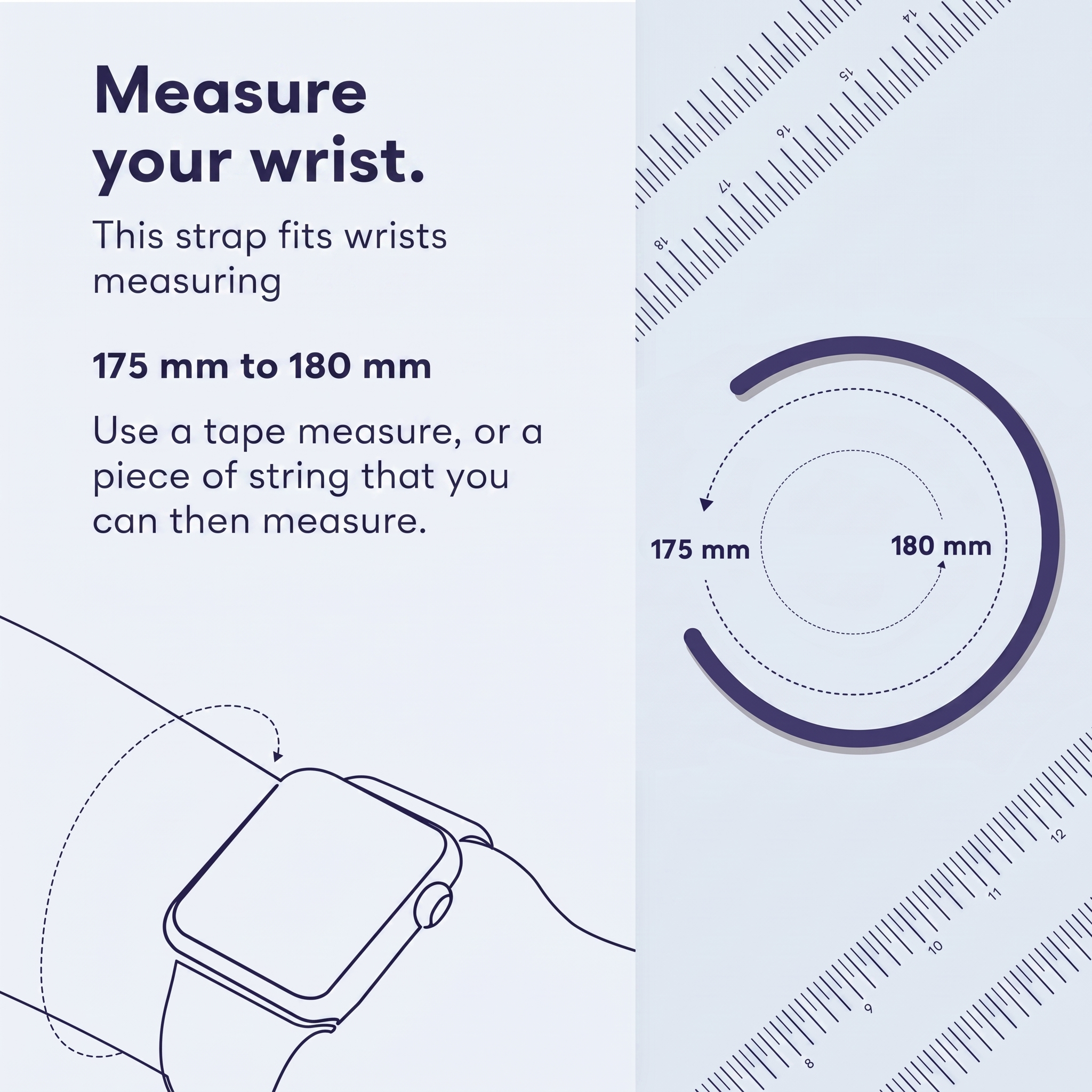 Instrukcja pomiaru nadgarstka dla paska 175-180 mm, pokazująca smartwatch, łukową skalę i linijkę.