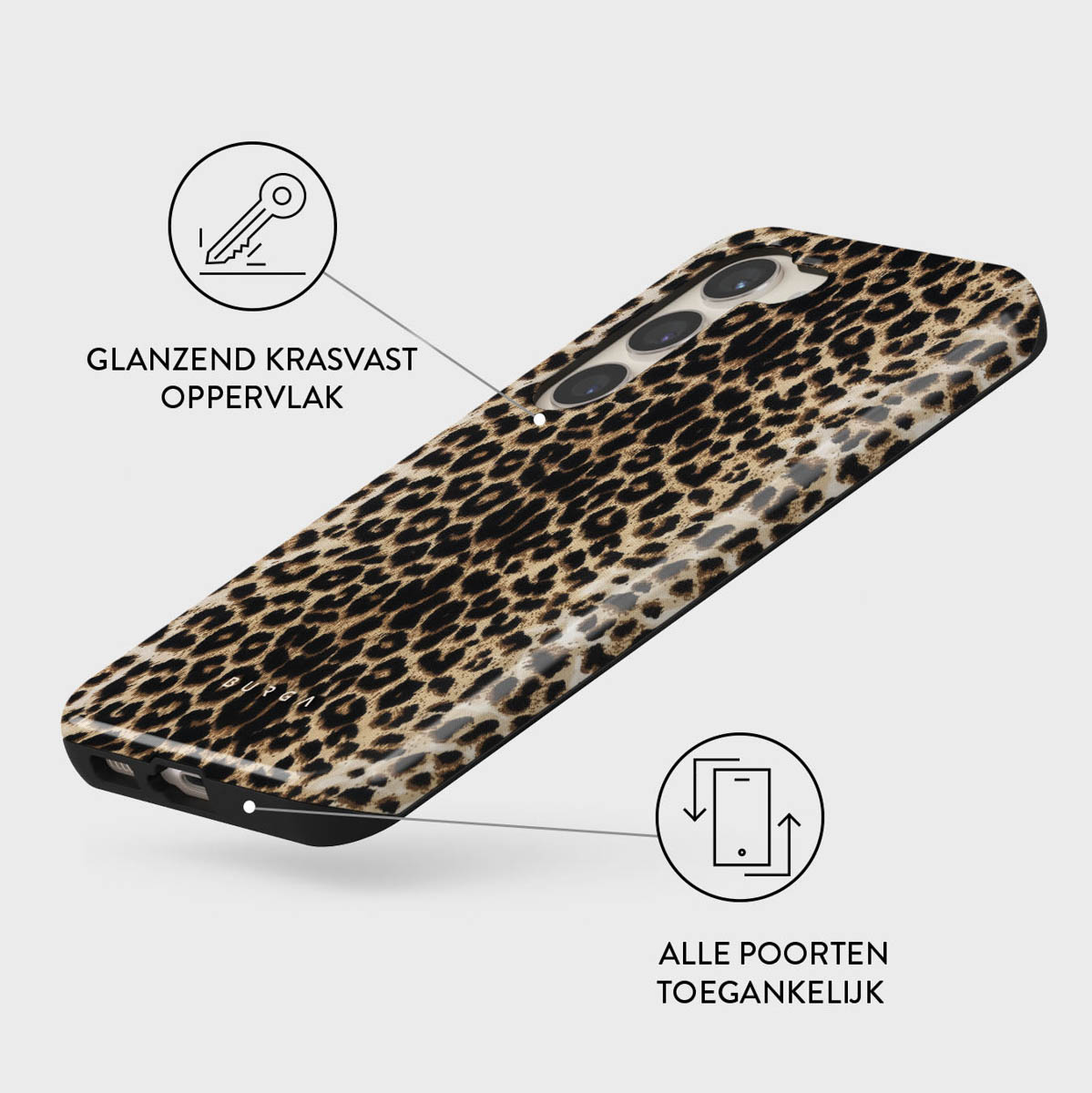 Coque de téléphone motif léopard avec surface anti-rayures et ports accessibles.