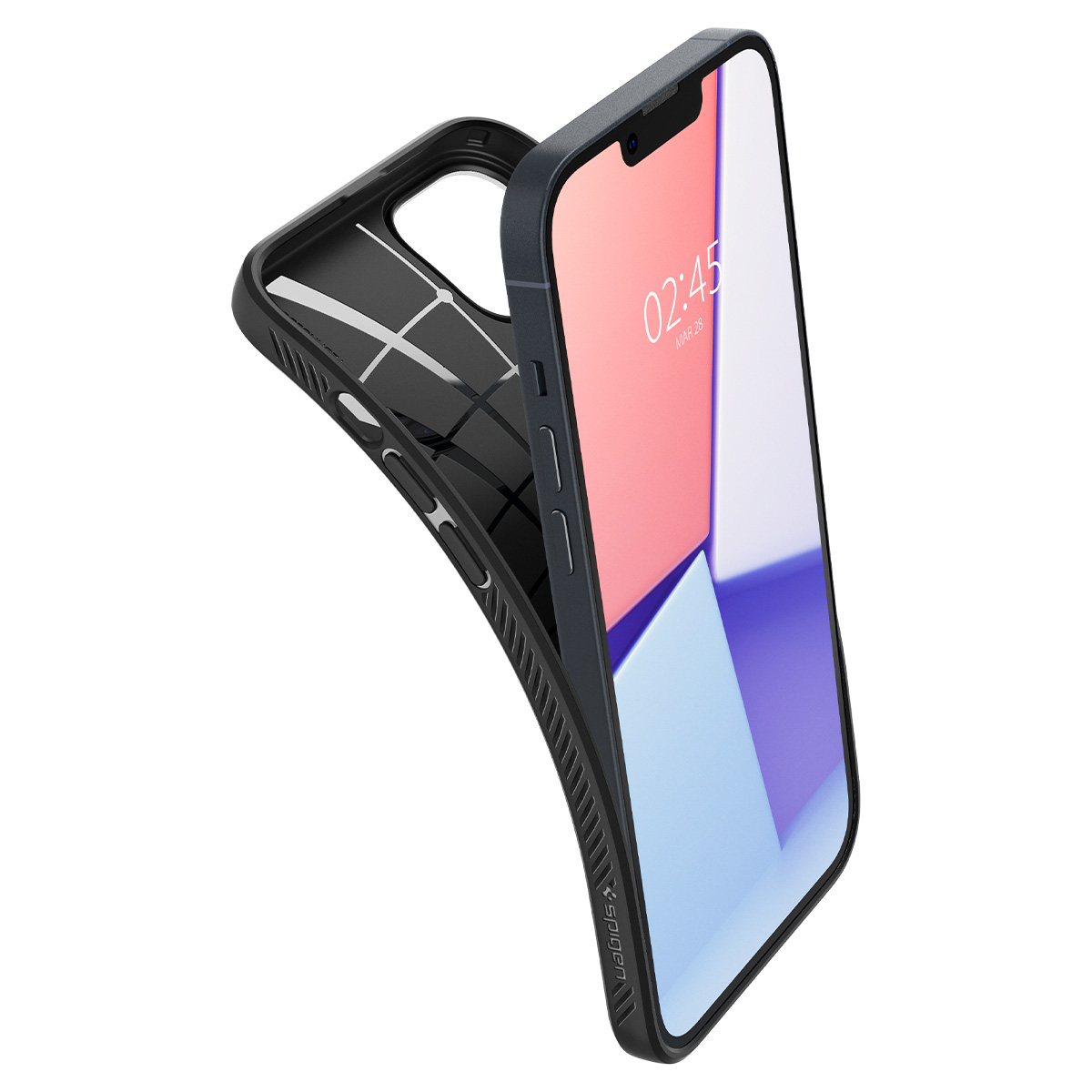Smartfon jest pokazany częściowo włożony w czarne etui ochronne na białym tle.