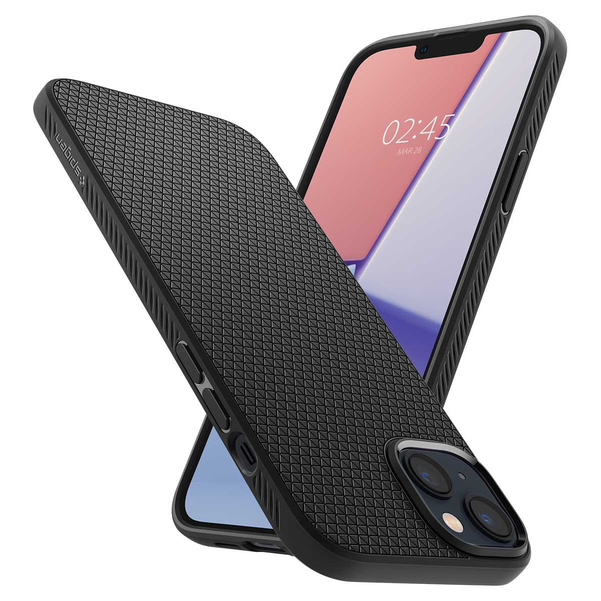 Smartfon w czarnym, teksturowanym etui ochronnym z widocznym aparatem.