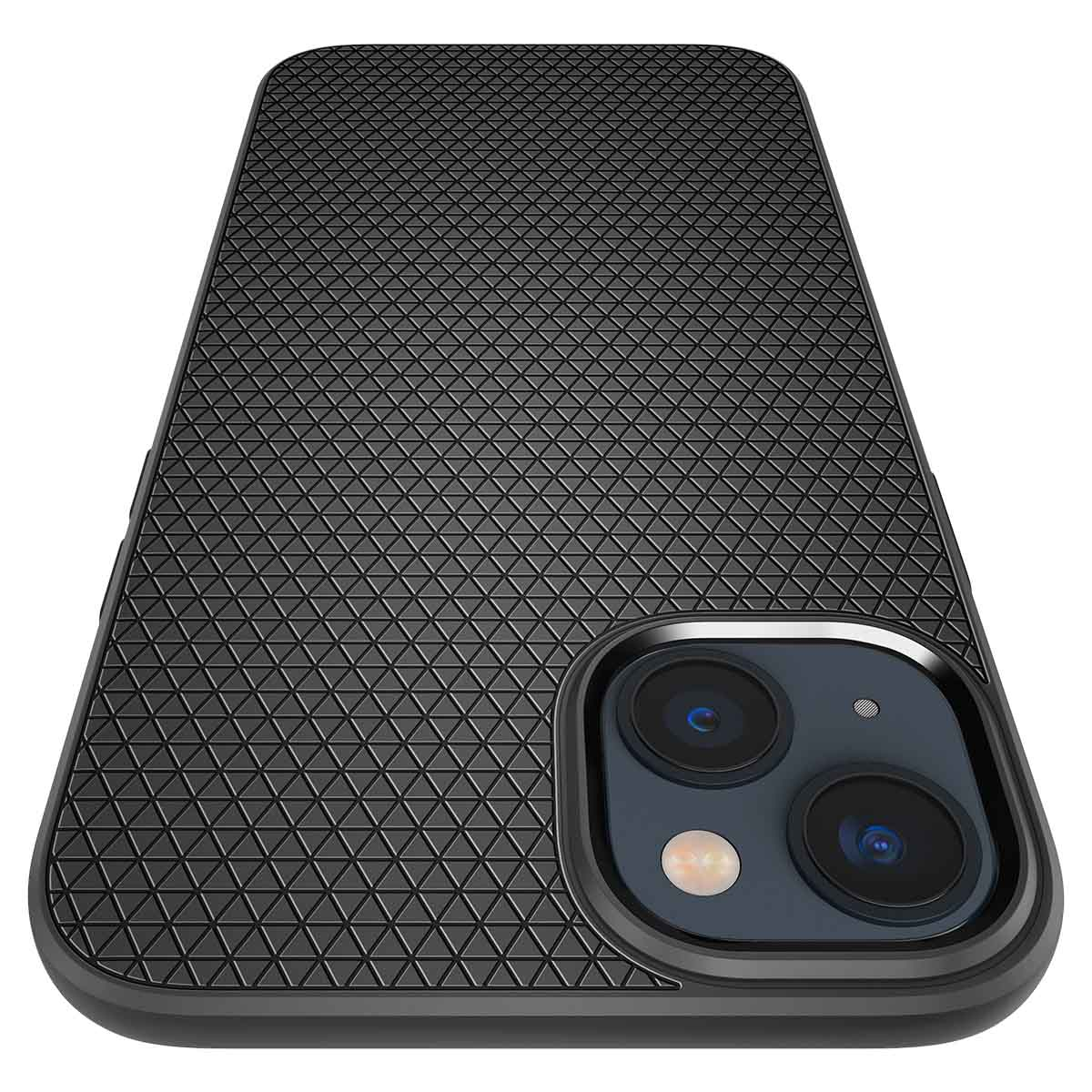 Czarne etui na smartfon o teksturowanym, geometrycznym wzorze z modułem podwójnego aparatu z tyłu.