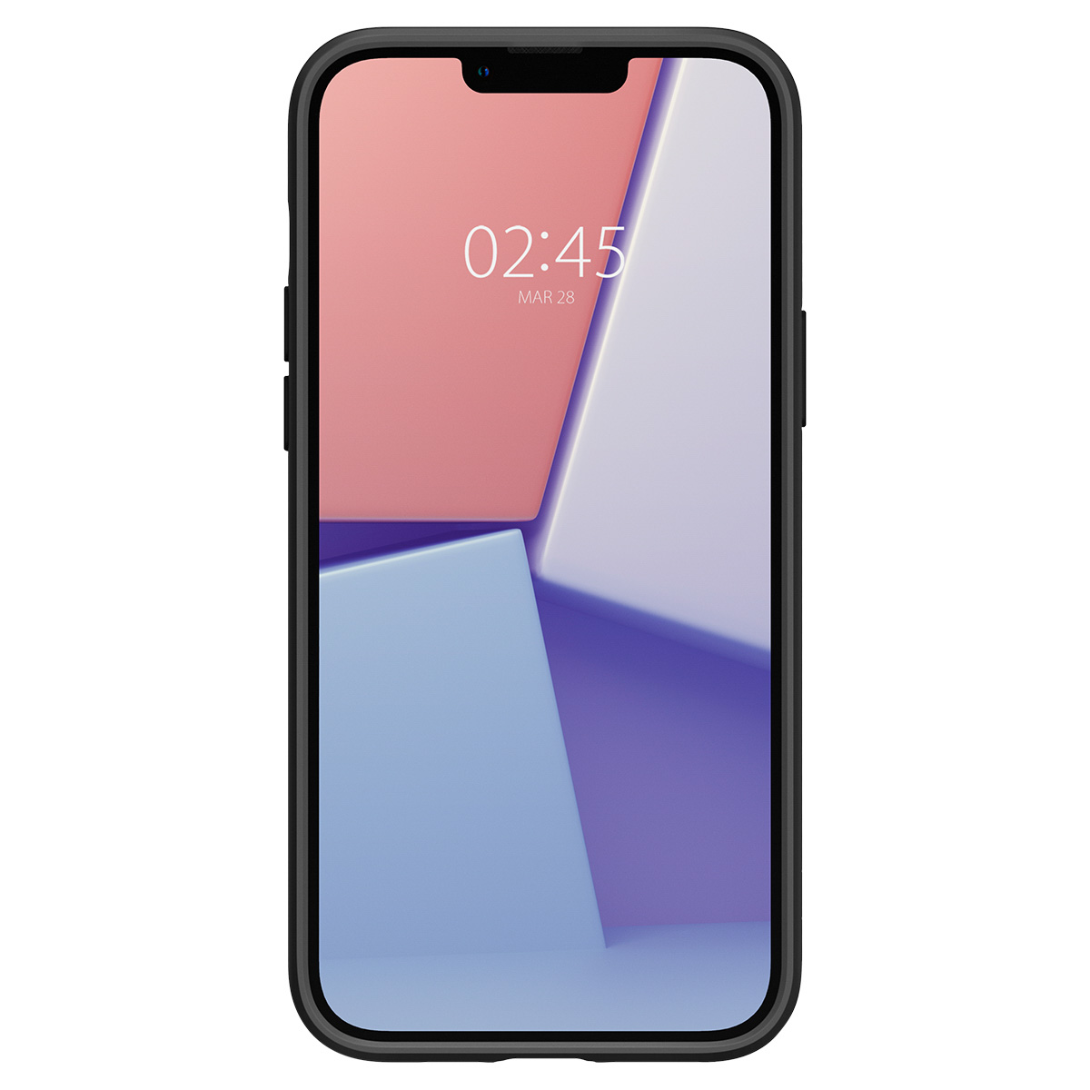 Czarny smartfon z abstrakcyjnym, różowo-niebieskim wyświetlaczem geometrycznym.