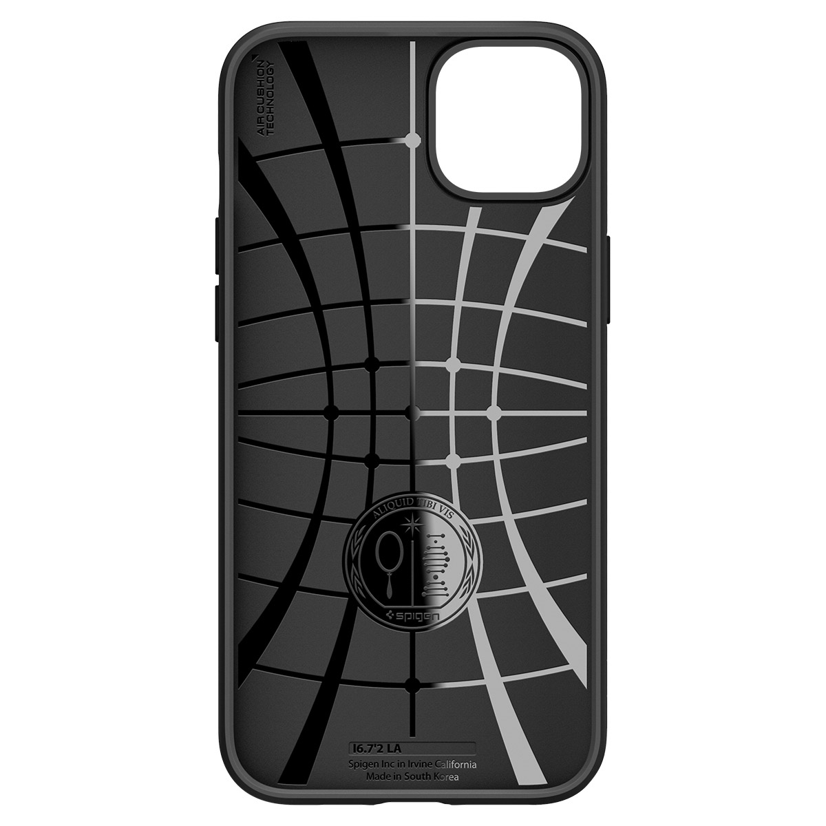Czarne etui na telefon z geometrycznym wzorem linii, okrągłym wycięciem na aparat i logo marki.