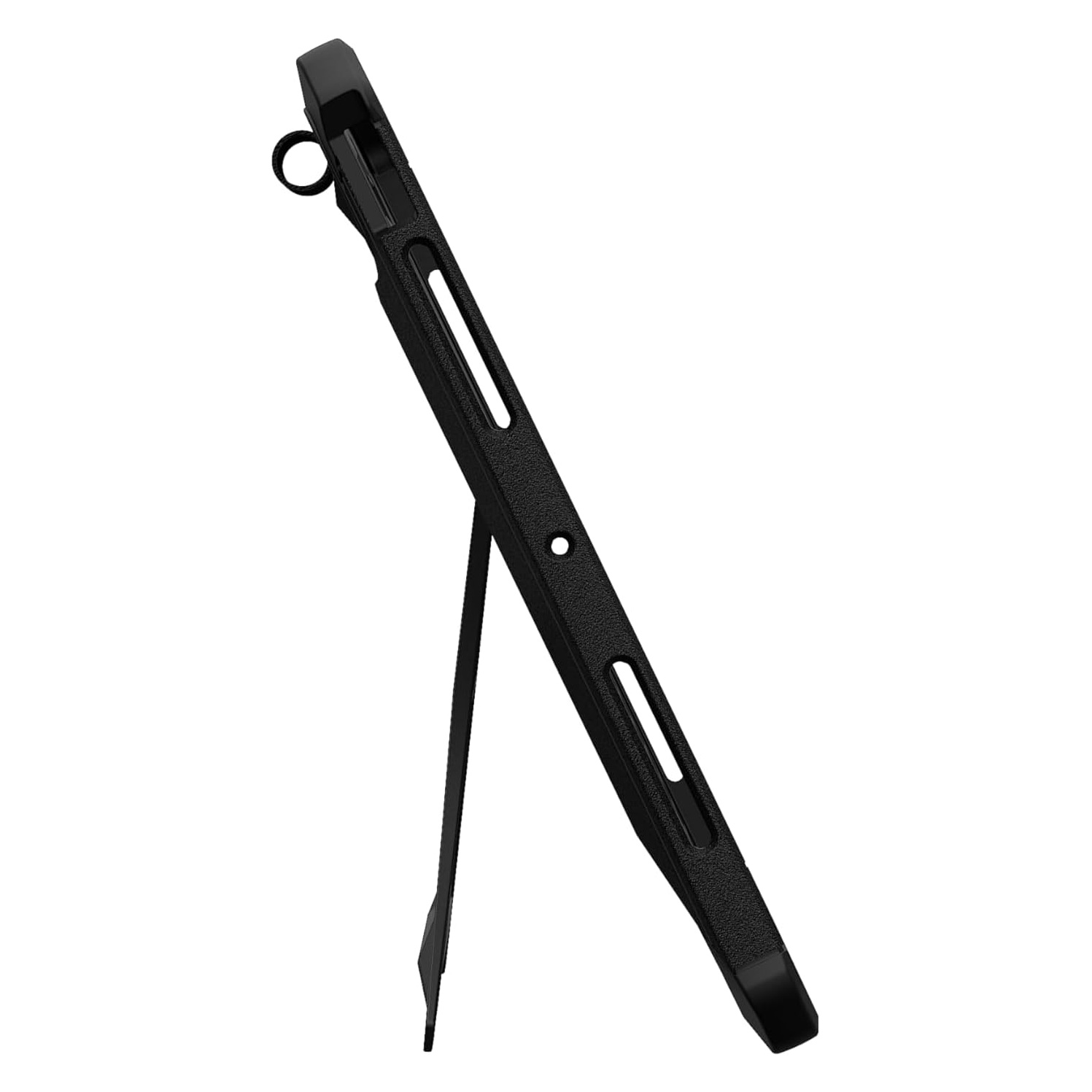 Czarne etui ochronne do tabletu z wbudowaną podstawką widziane z boku na białym tle.