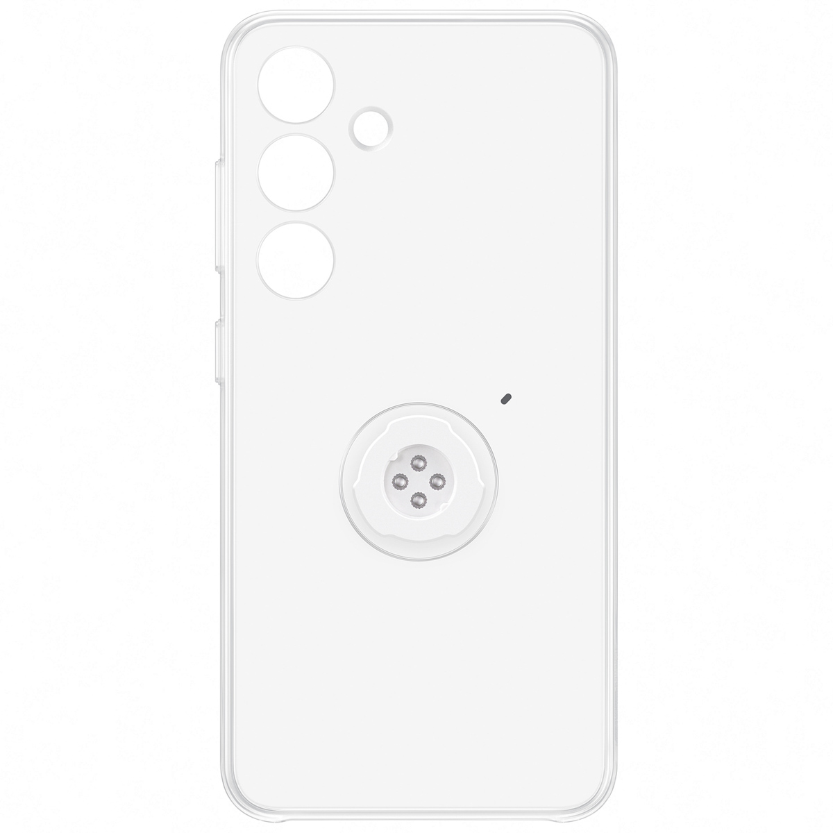Funda transparente para teléfono con recortes de cámara y un soporte circular en la parte posterior.