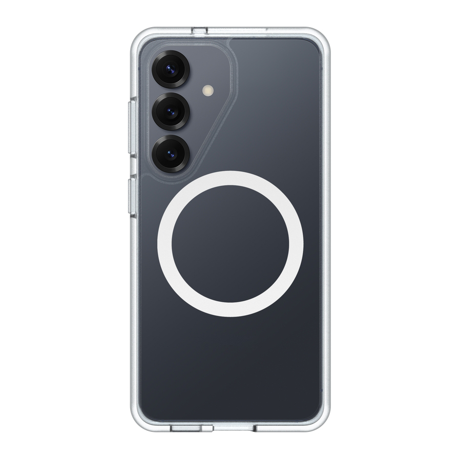Funda transparente para smartphone con un anillo blanco y tres aberturas de cámara verticales en la parte trasera.