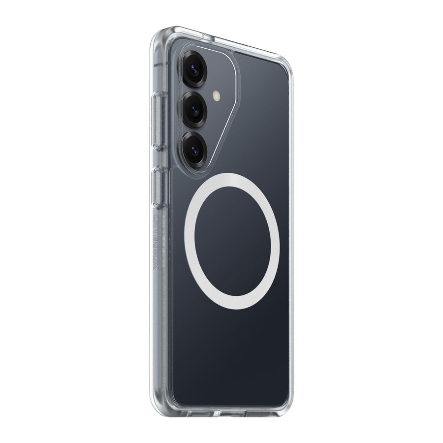 Una funda transparente para teléfono con anillo magnético en la parte trasera, botones laterales y tres cámaras.