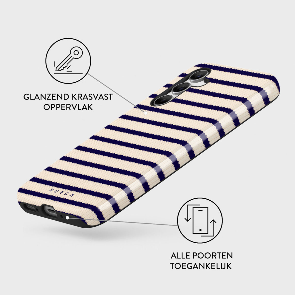 Coque de téléphone à rayures bleues et blanches, montrant résistance aux rayures et ports accessibles.