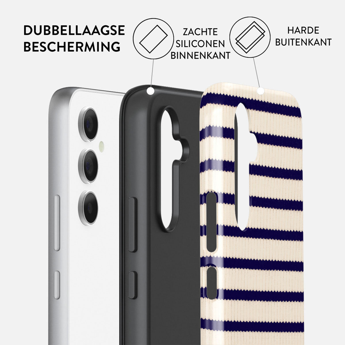 Schéma montrant une coque à double couche avec intérieur en silicone et extérieur rigide.