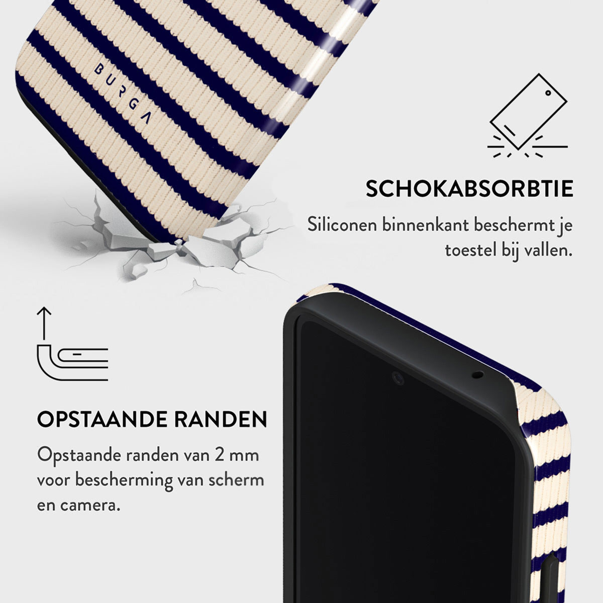 Coque avec absorption des chocs et bords surélevés pour protéger l'écran et l'appareil photo, design rayé bleu et blanc.