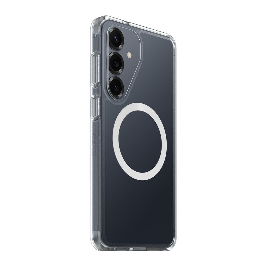 Een grijze smartphone in een transparant hoesje met een witte ring aan de achterkant tegen een witte achtergrond.