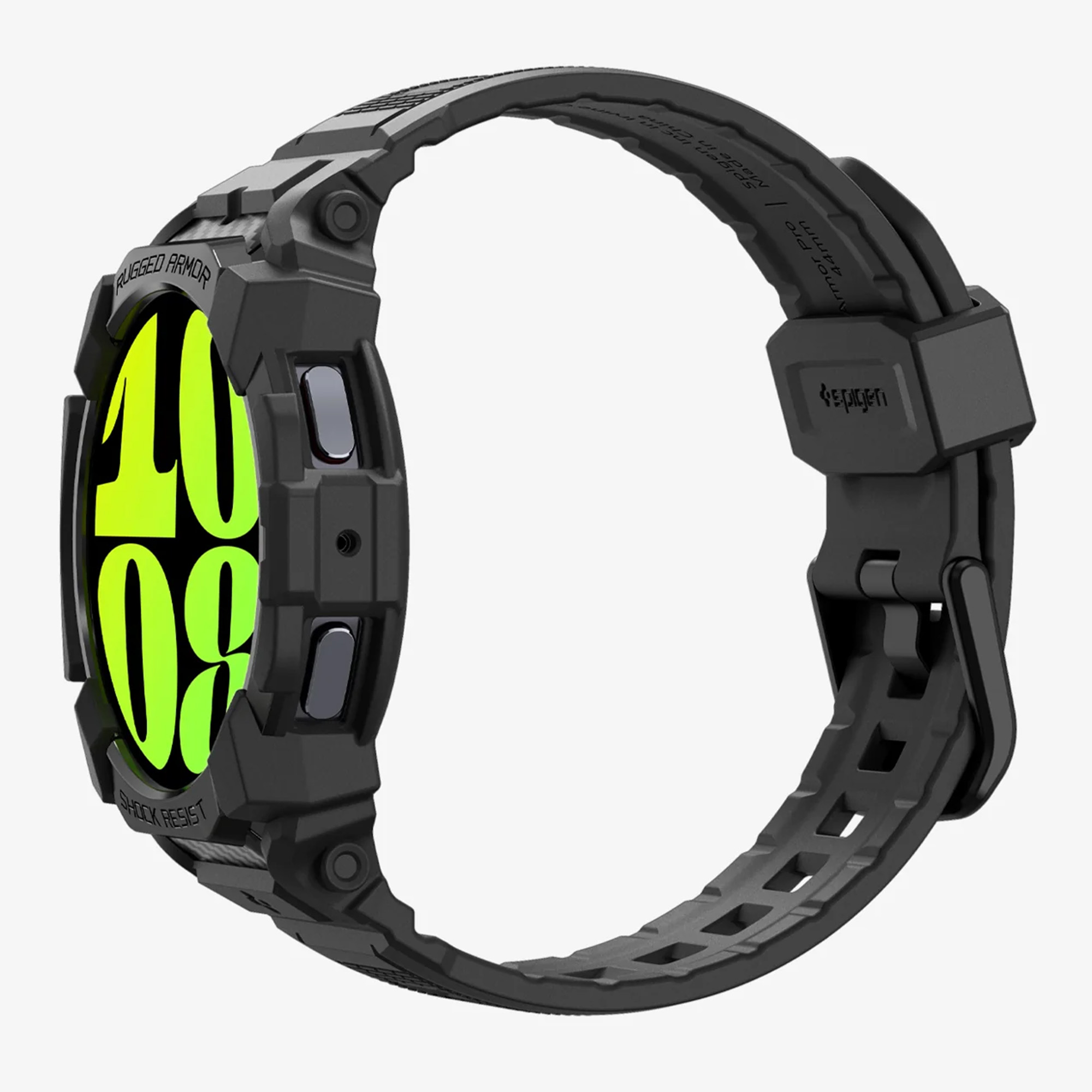 Czarny, wytrzymały smartwatch z etui ochronnym i neonowo zielonym wyświetlaczem cyfrowym na białym tle.