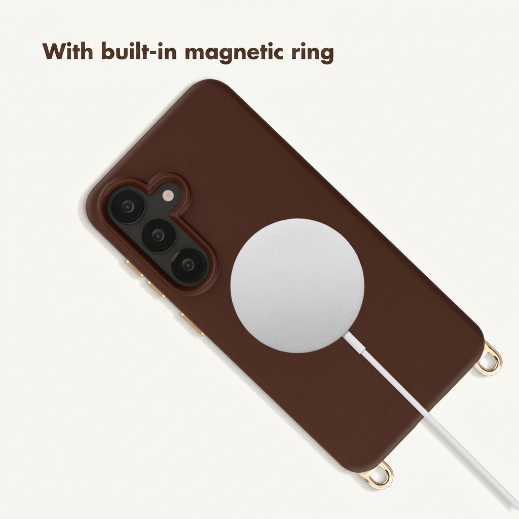 Eine braune Handyschale mit integrierter weißer Magnetscheibe und goldenen Ringen.