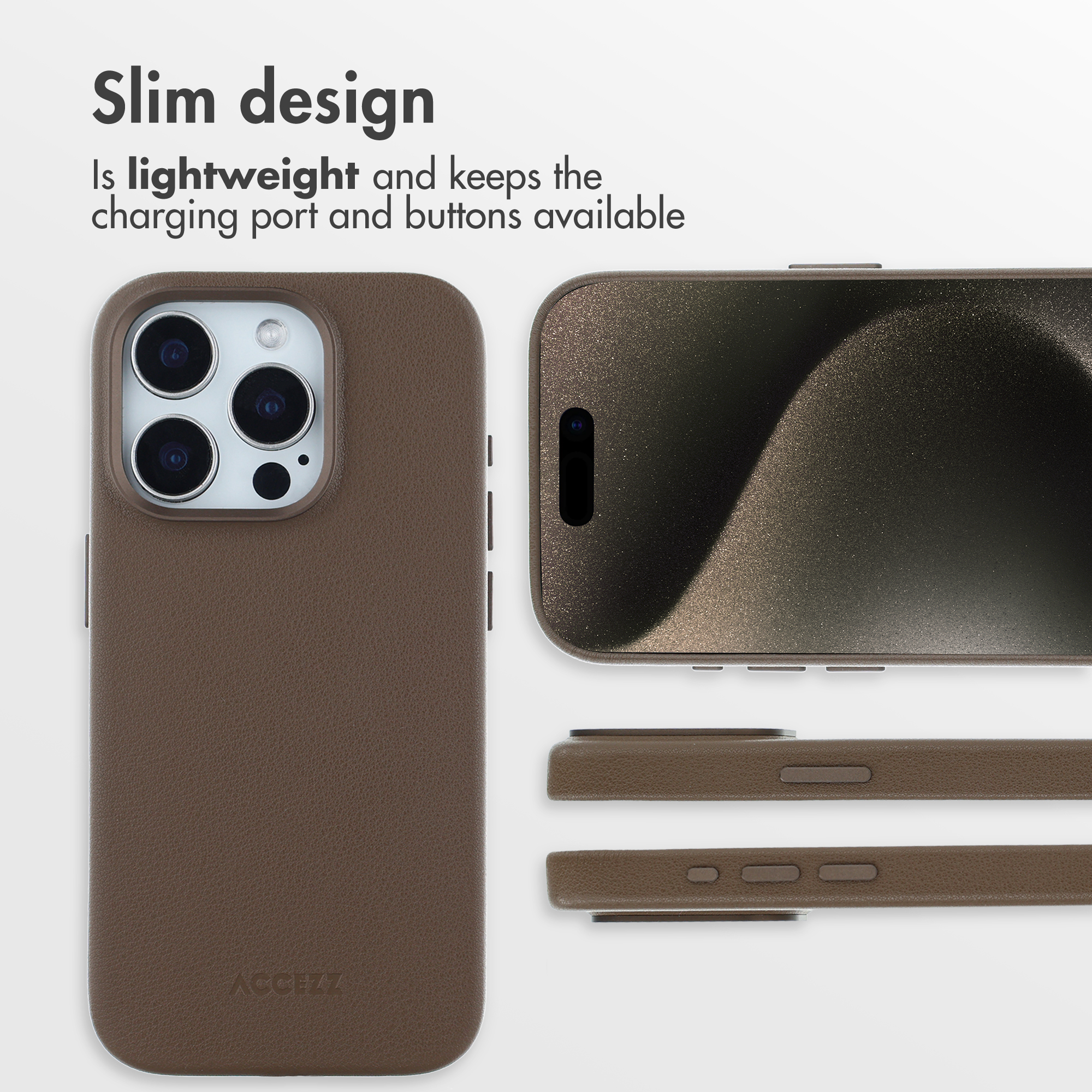 Coque de téléphone marron fine avec découpes pour appareil photo.