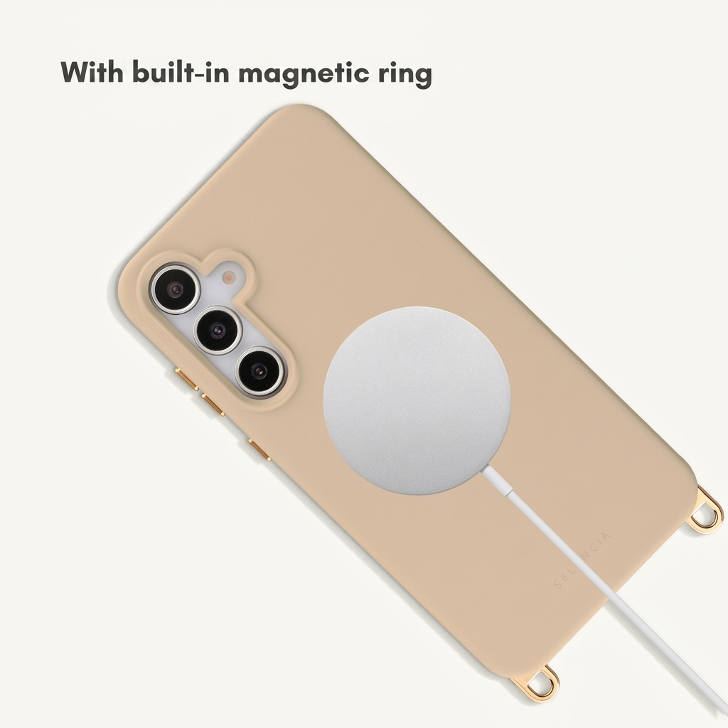 Beige Handyhülle mit integriertem Magnetring und einem weißen Ladekabel auf hellem Hintergrund.
