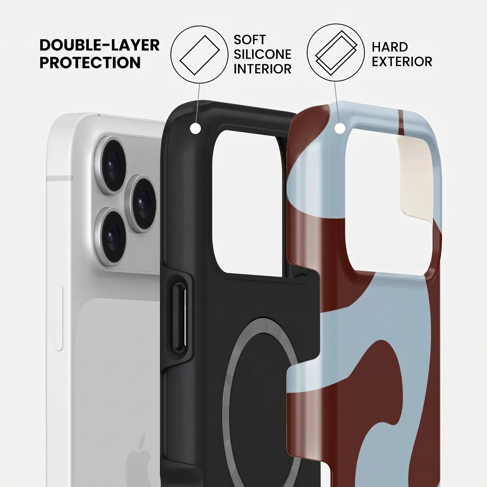 Diagrama de protección de doble capa con interior de silicona suave y exterior duro para funda de móvil.