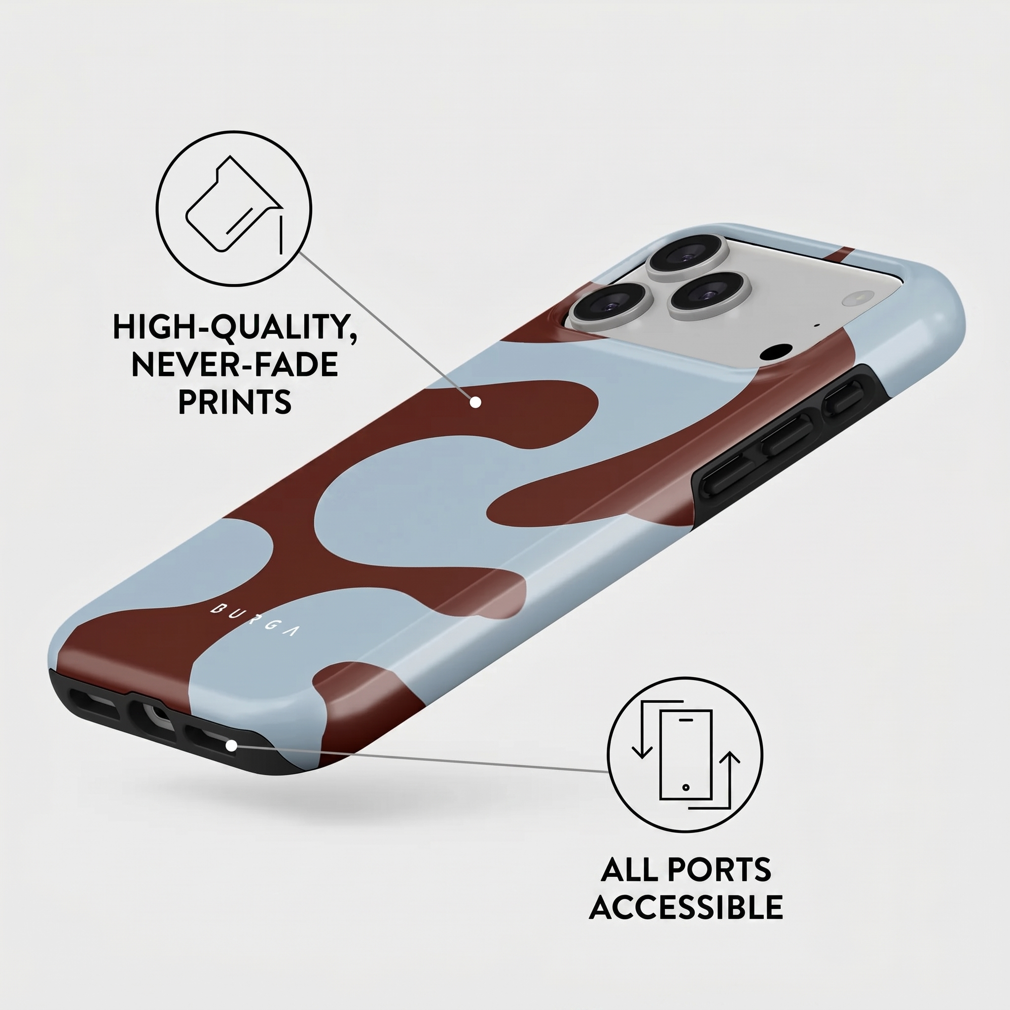 Smartphone con funda azul y marrón con iconos que destacan estampados duraderos y puertos accesibles.