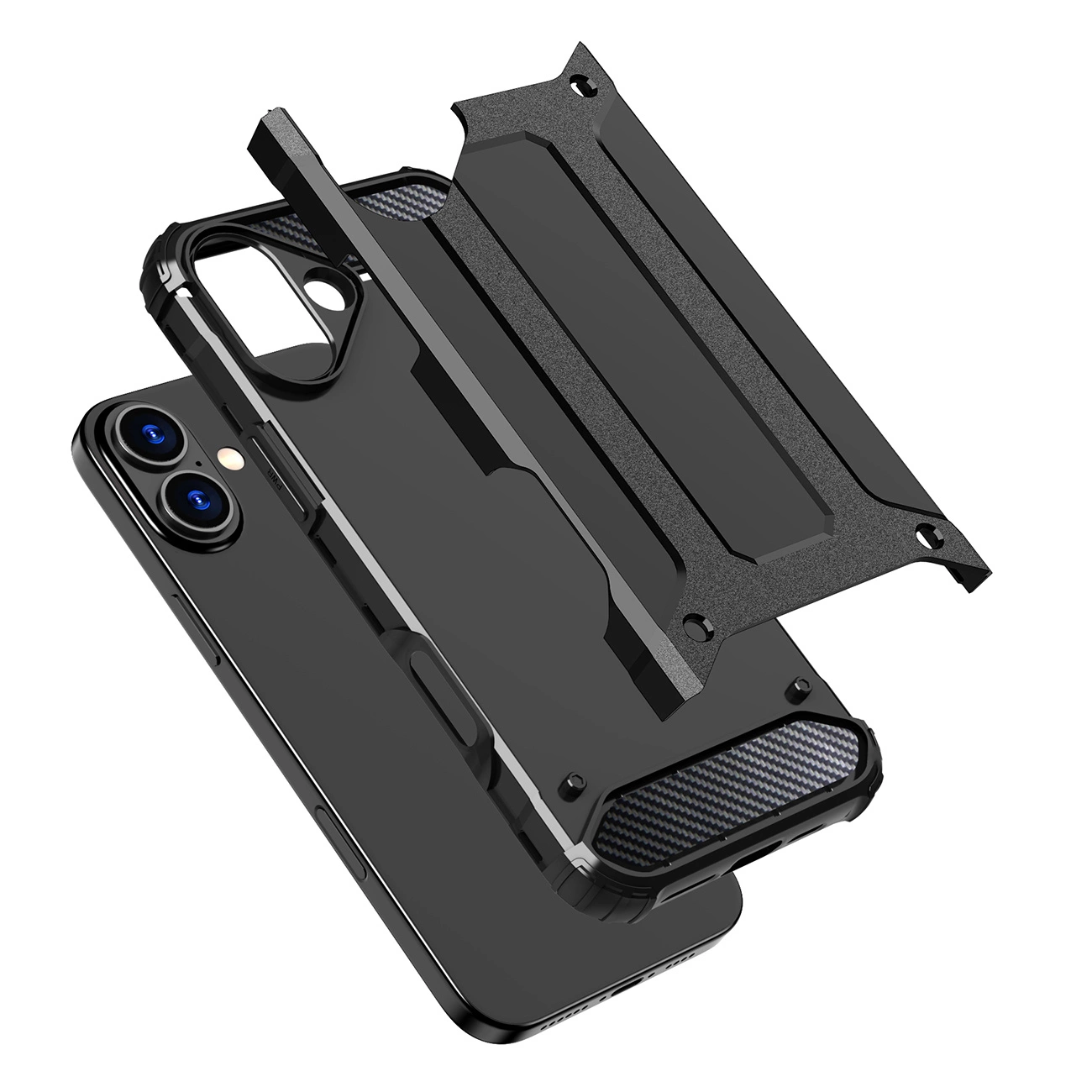 Una cover per smartphone nera smontata che fluttua sopra uno smartphone nero.