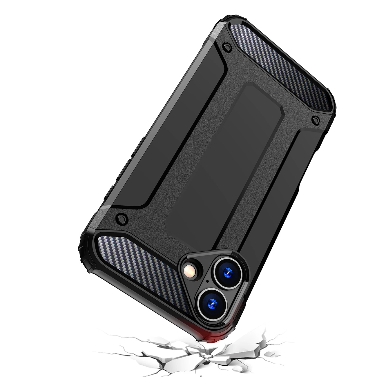 Custodita per smartphone nera con angoli in carbonio, due fori per fotocamera e superficie crepata sotto.