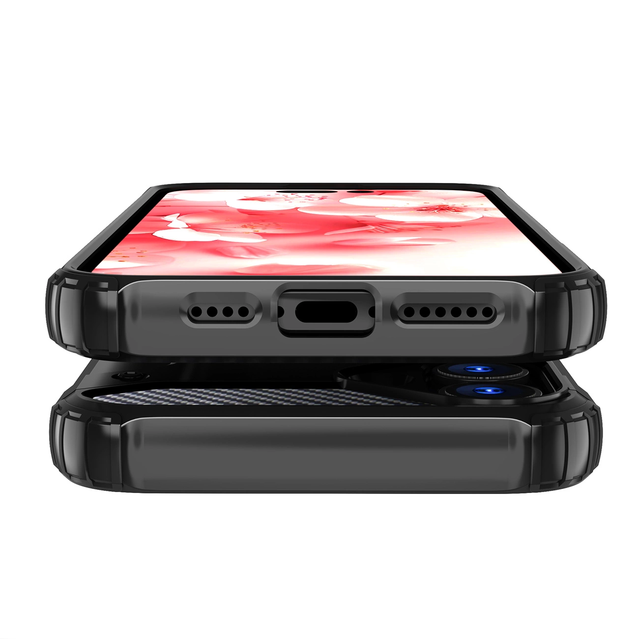 Uno smartphone nero in una custodia protettiva, che mostra la porta di carica inferiore e il retro con doppia fotocamera.