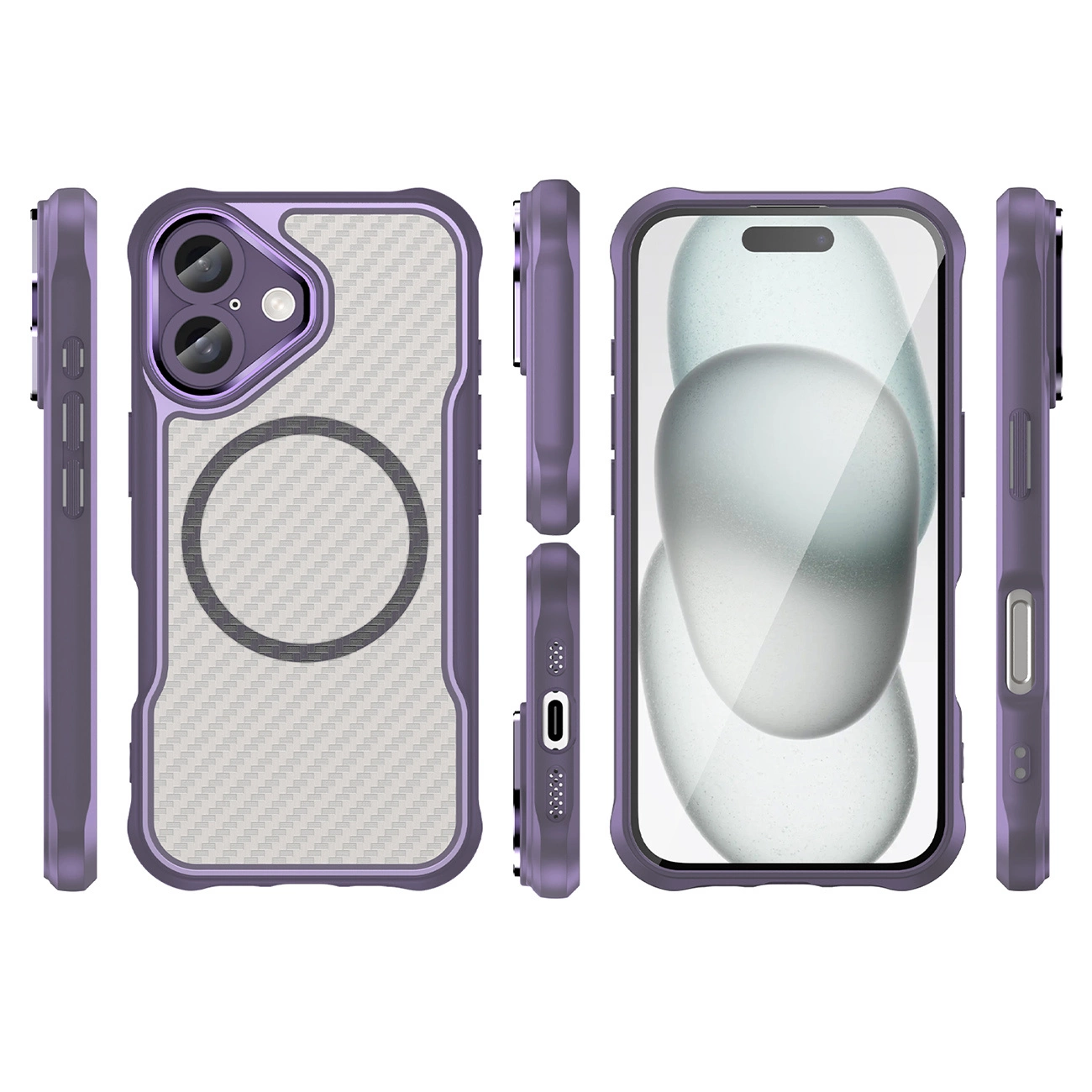 Custodia per smartphone viola mostrata da più angolazioni con motivo in fibra di carbonio e anello magnetico.