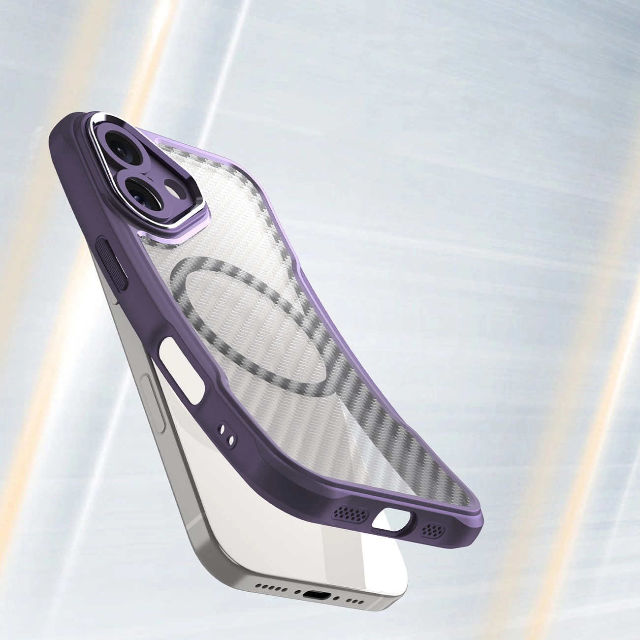 Uno smartphone in una cover protettiva viola con motivo trasparente fluttua su sfondo chiaro.