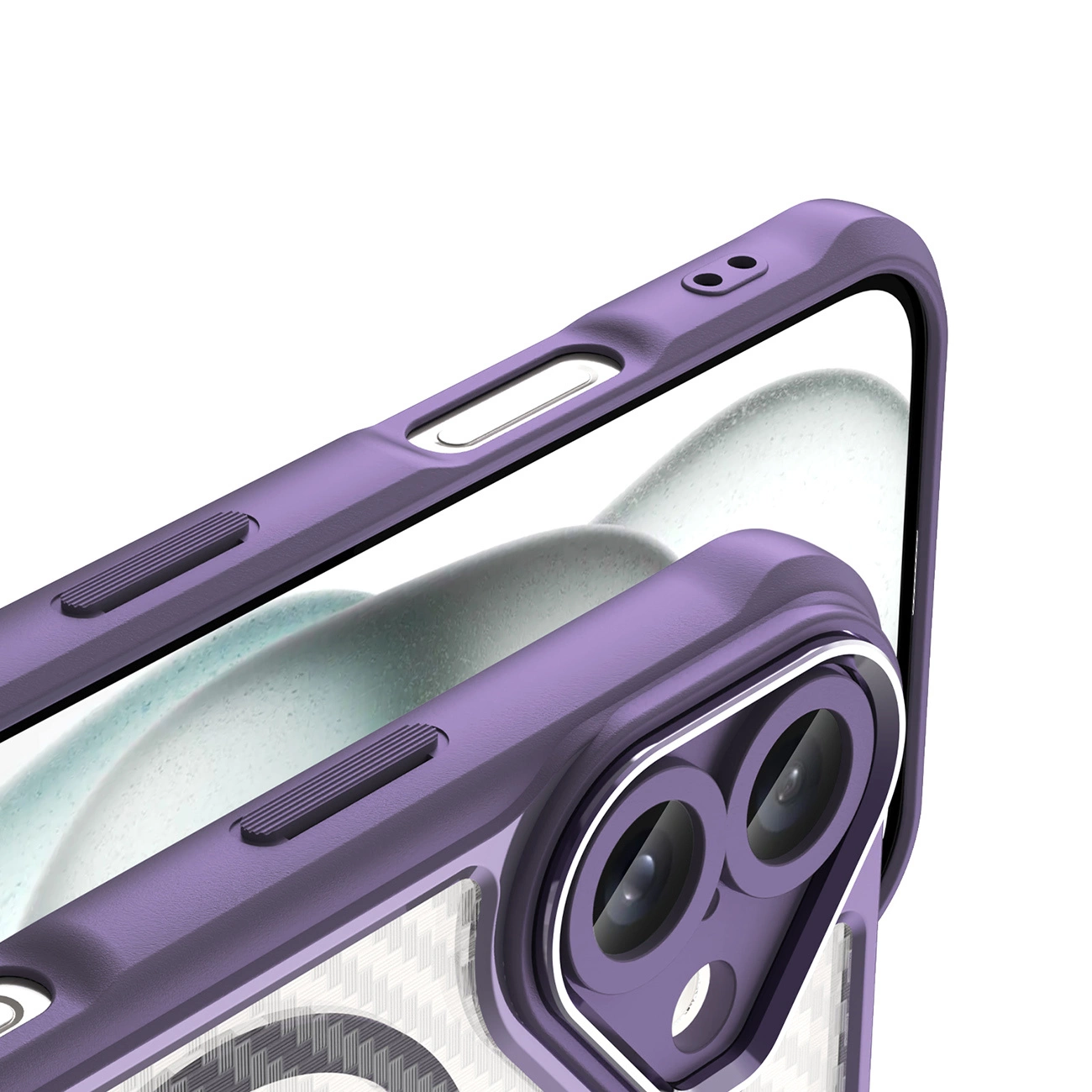 Primo piano di una custodia protettiva viola per smartphone con moduli fotocamera.