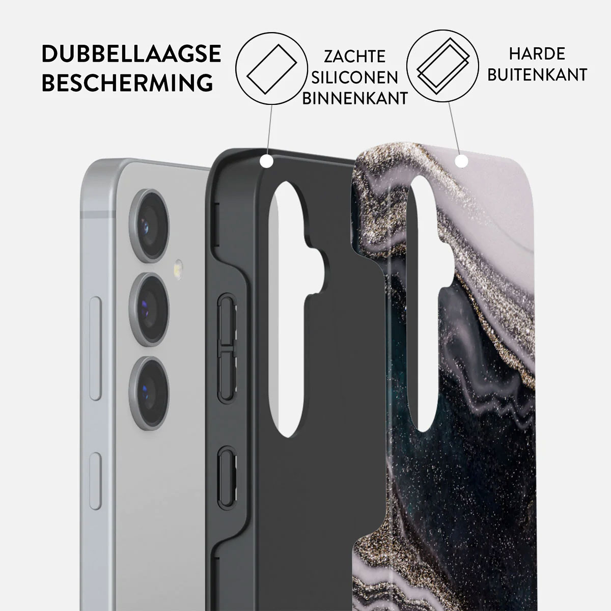 Schéma montrant une coque double couche avec silicone souple à l'intérieur et extérieur rigide.