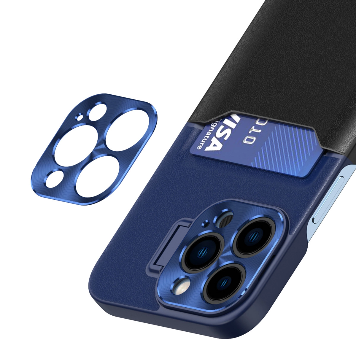 Una custodia per telefono blu e nera con porta carte e carta Visa, e una protezione per fotocamera blu separata.