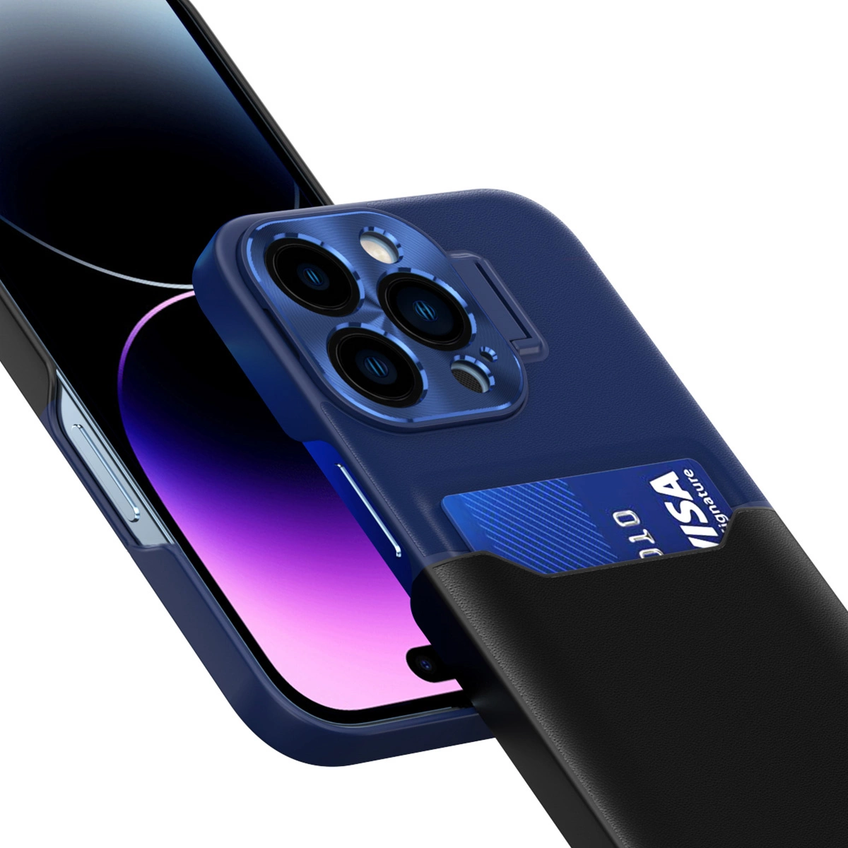 Uno smartphone blu con custodia porta carte integrata e tre obiettivi fotografici sul retro.