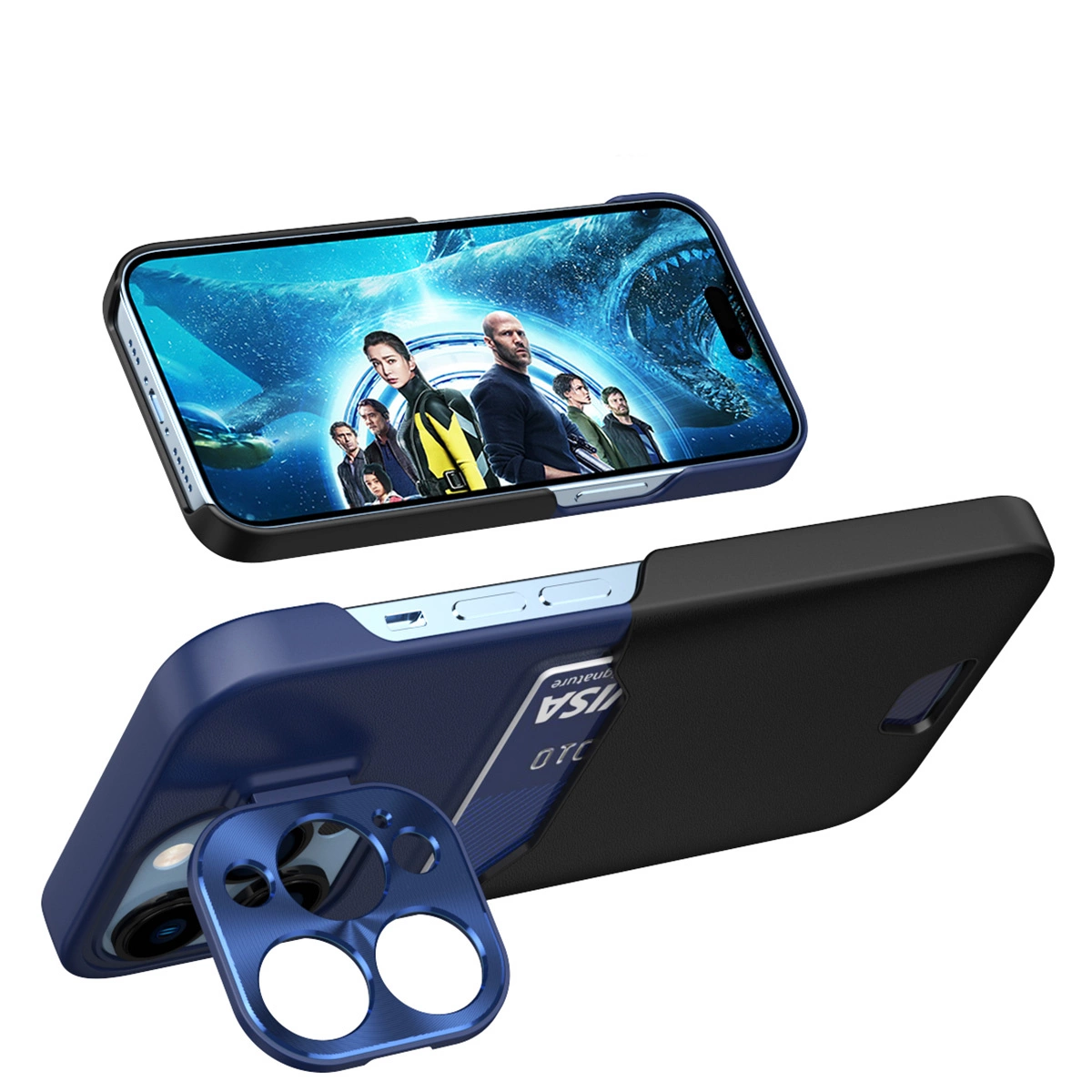 Custodia blu per smartphone con porta carte e supporto per fotocamera pieghevole su sfondo bianco.