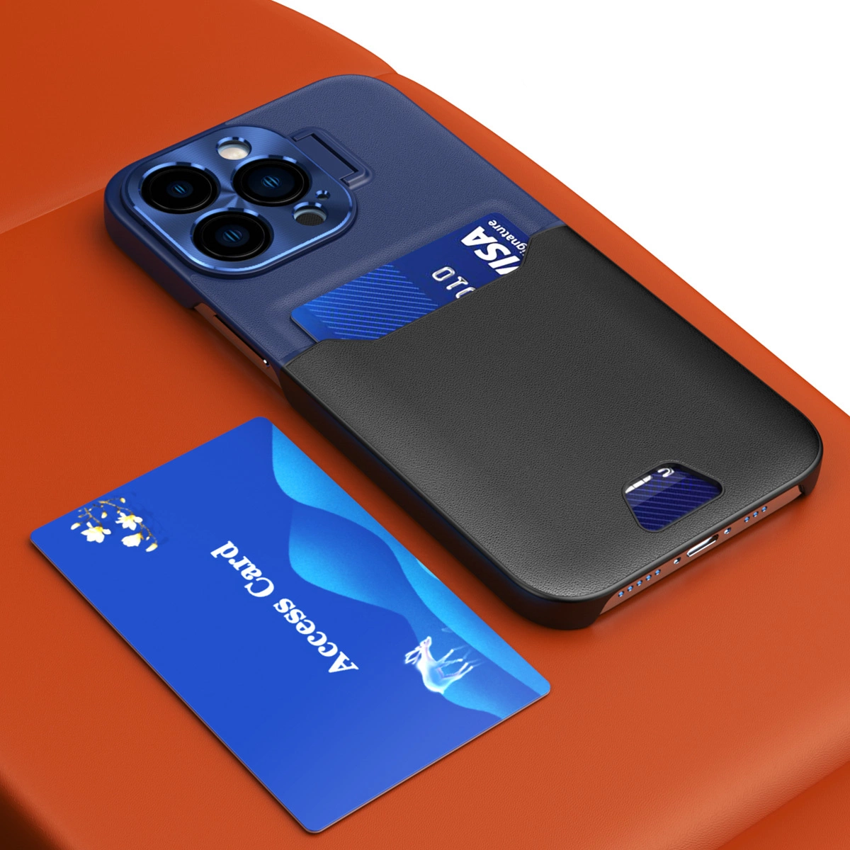 Custodia per telefono blu con porta carte su superficie arancione e carta blu.