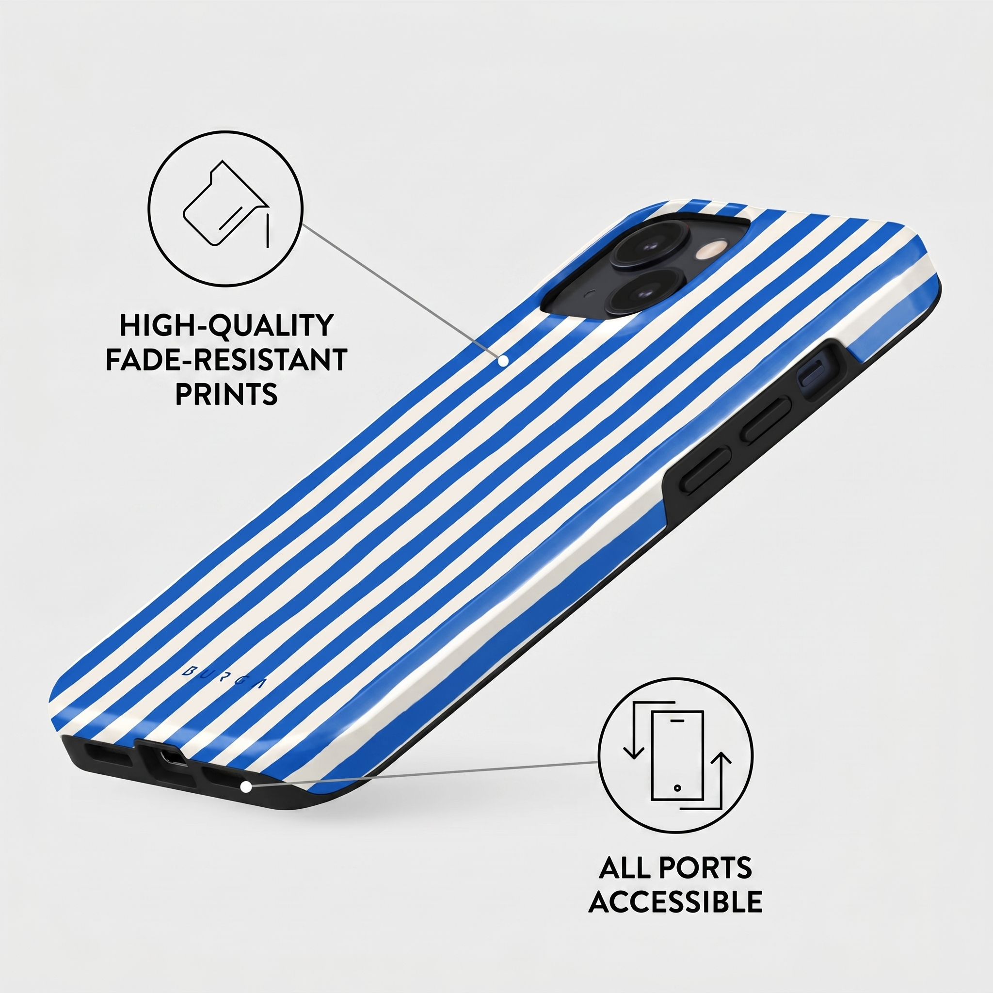 Een blauw-wit gestreepte telefoonhoes met tekst over hoogwaardige prints en toegankelijke poorten.