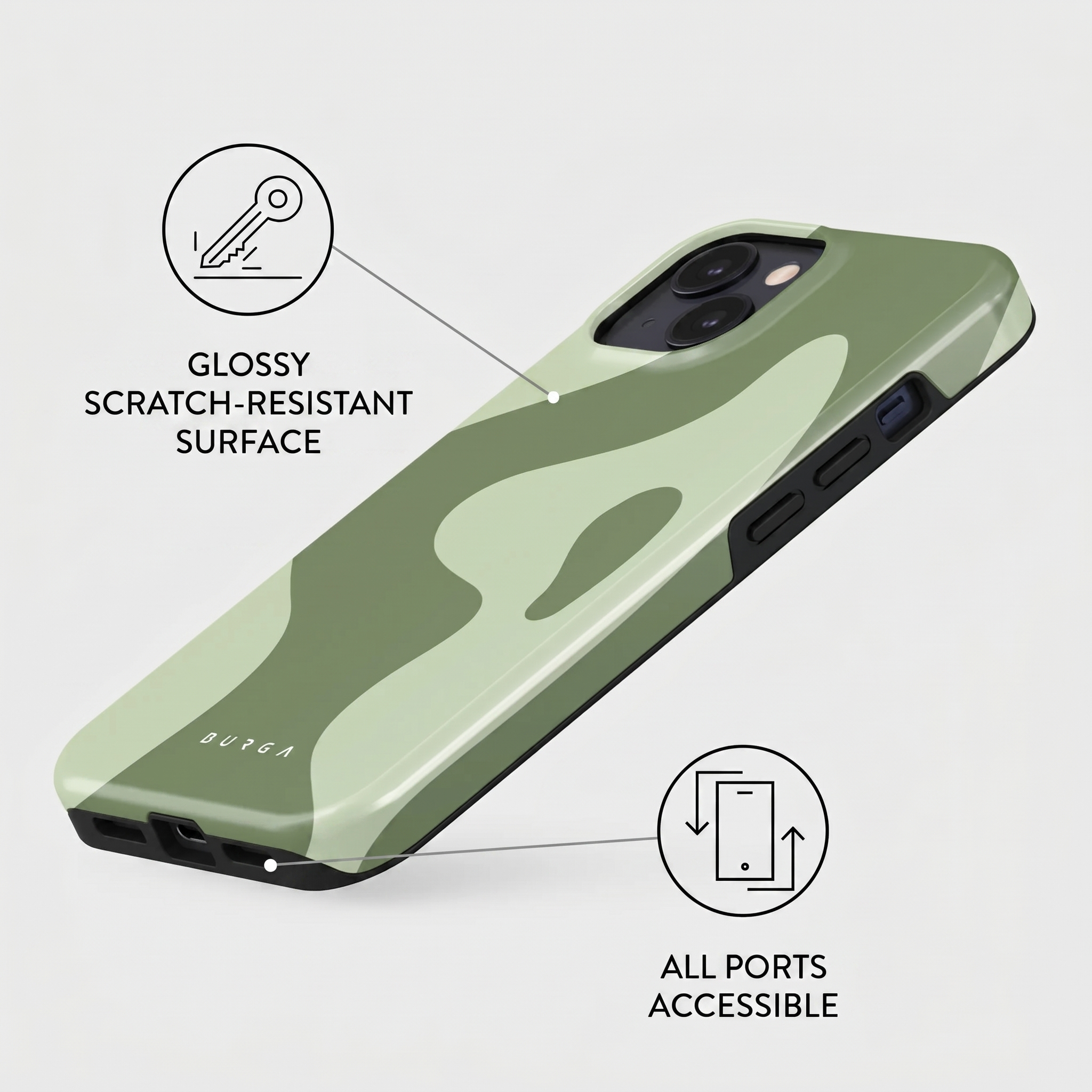 Groene telefoonhoes met camouflagepatroon, krasbestendig oppervlak en toegankelijke poorten.