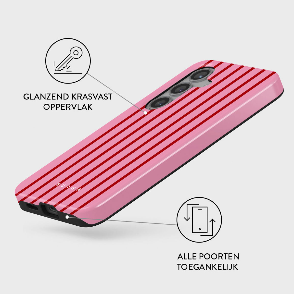 Coque de téléphone rose et rouge à rayures avec icônes de résistance et ports.