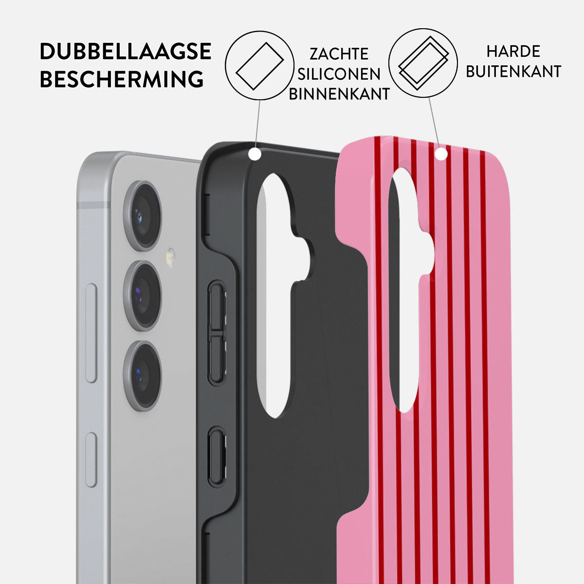 Schéma montrant une coque double couche avec intérieur en silicone et extérieur rigide.