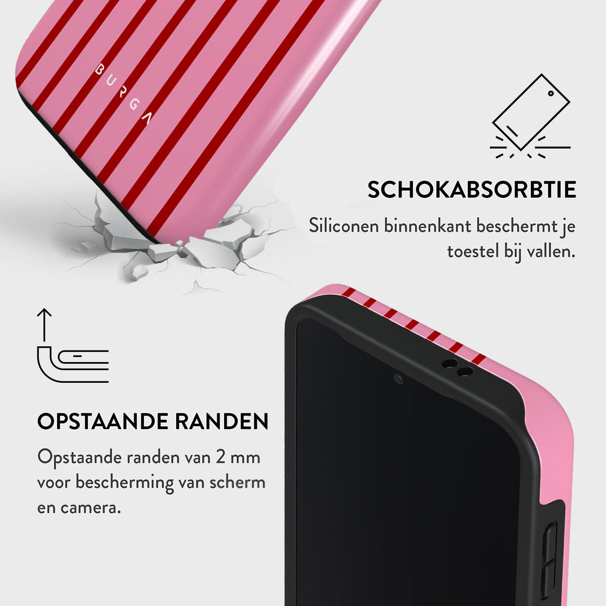 Coque de téléphone Burga rose et rouge à rayures soulignant l'absorption des chocs et les bords surélevés.
