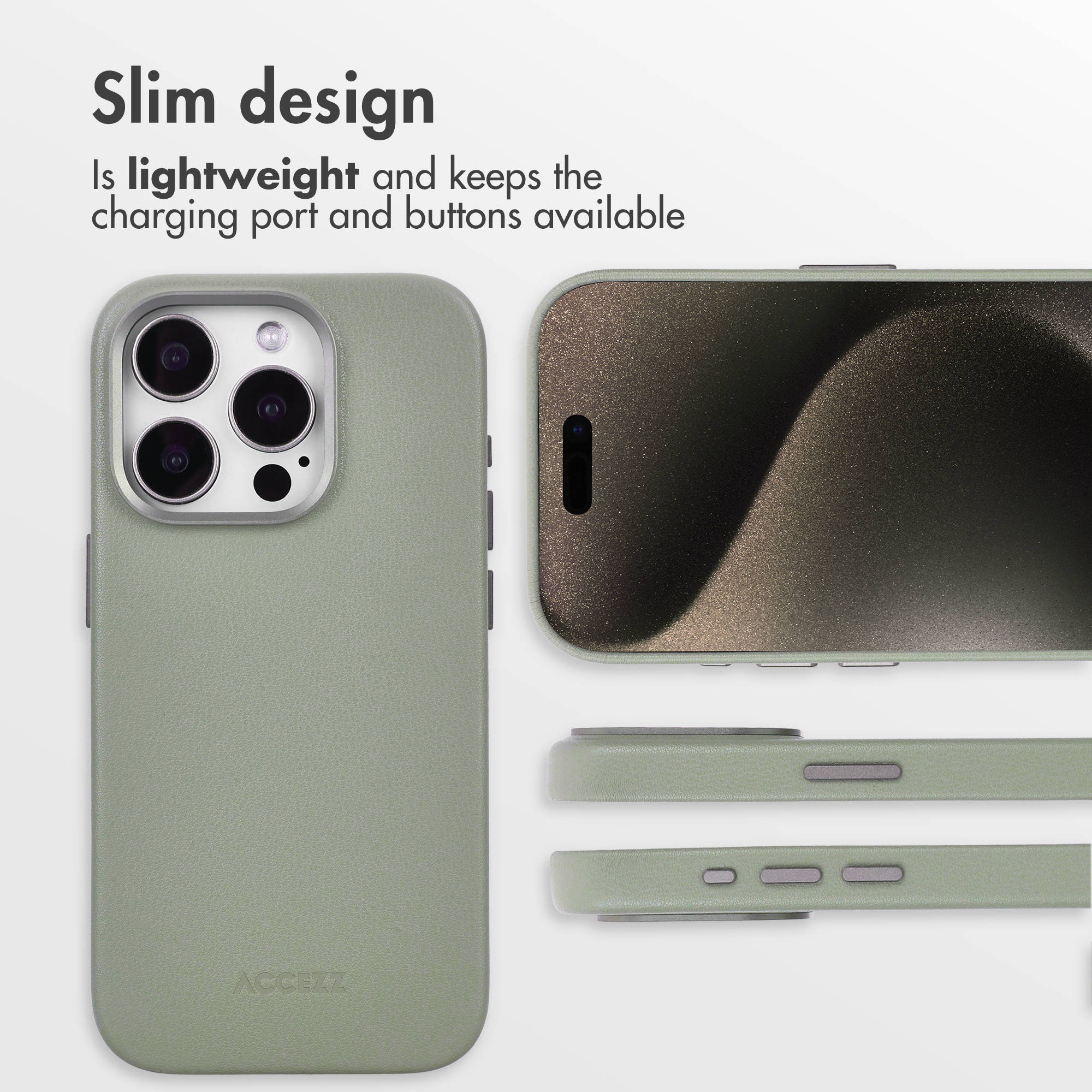Coque de smartphone verte mince et légère montrant les ports et boutons.