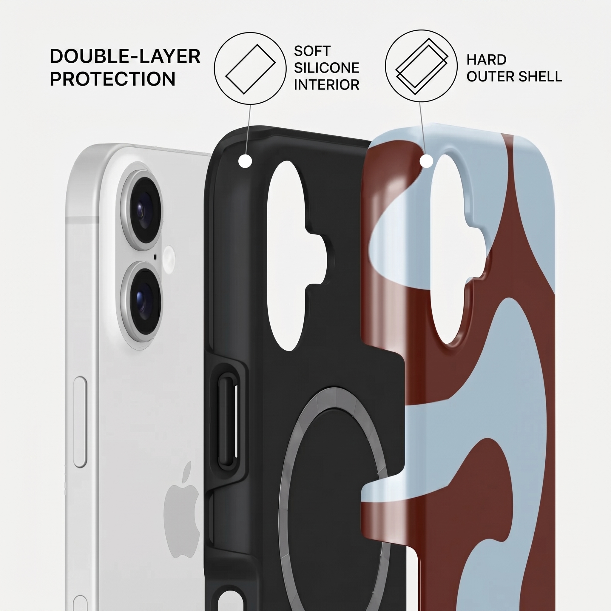 Diagrama que muestra protección de doble capa con interior de silicona suave y carcasa dura.