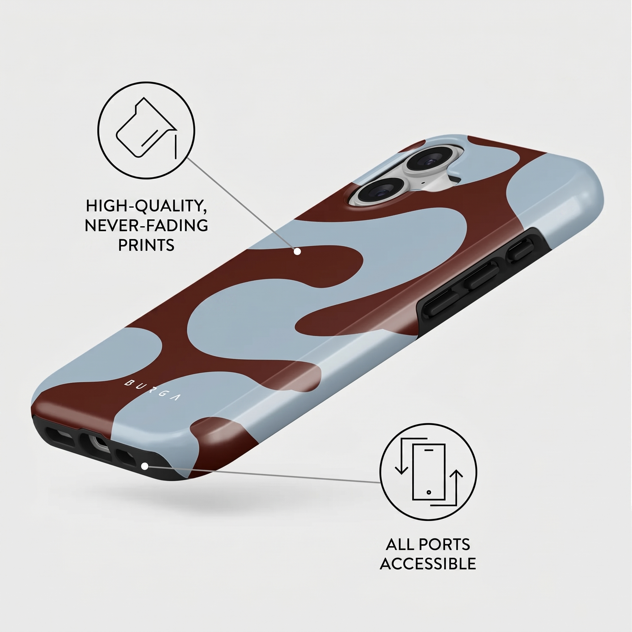 Funda para móvil con patrón ondulado marrón y azul, estampado duradero y puertos accesibles.