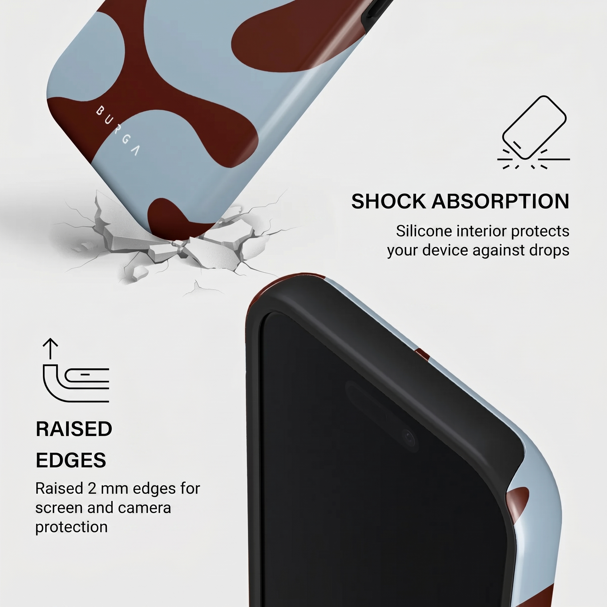 Anuncio de funda de móvil destacando absorción de impactos y bordes elevados para protección.