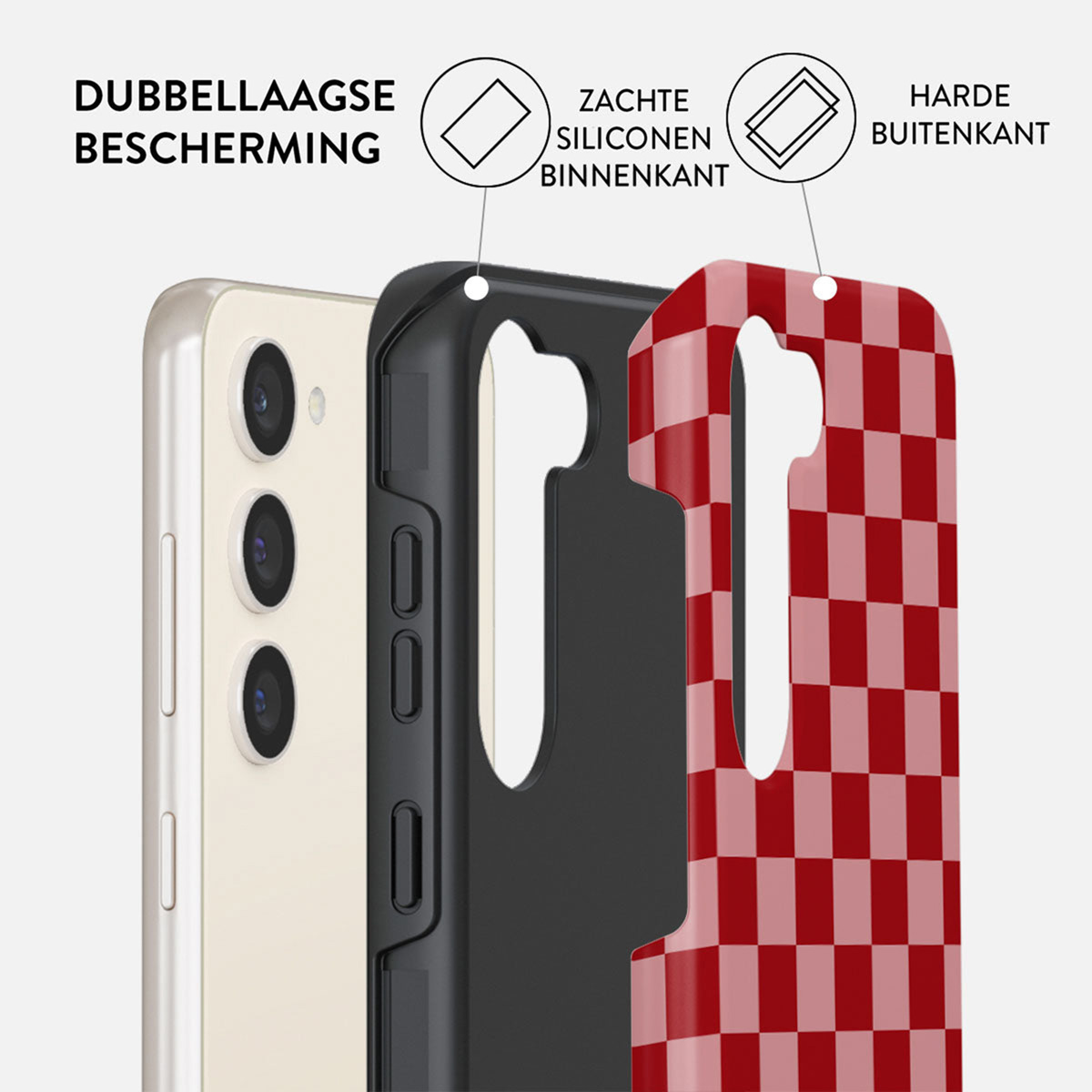 Schéma montrant une coque avec double protection, intérieur souple et extérieur dur.
